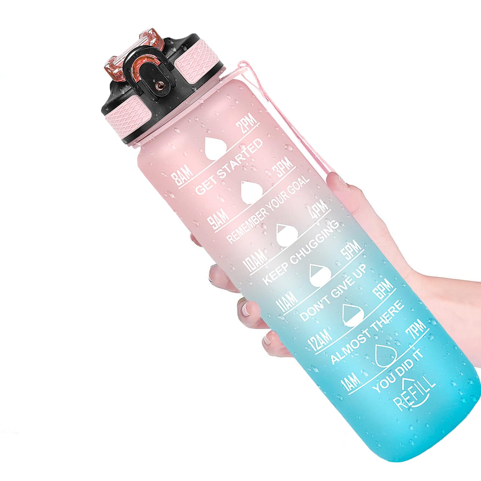 HUIBOHOU 1 Litre Sports Water bottle with Straw, Leakproof Design Water Bottle,Motivational Water Bottle with Time Marker for Fitness, School, Gym, Outdoor Sports (Pink-blue
