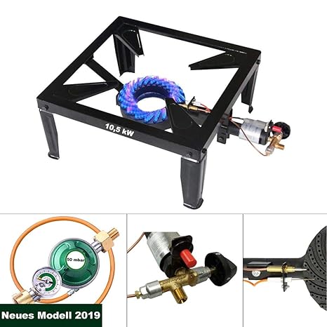 CAGO Gas-Hockerkocher 10,5 KW Profi Gaskocher Gas Kocher mit Zündsicherung und Piezozündung mit Gasschlauch und Gasdruckregle