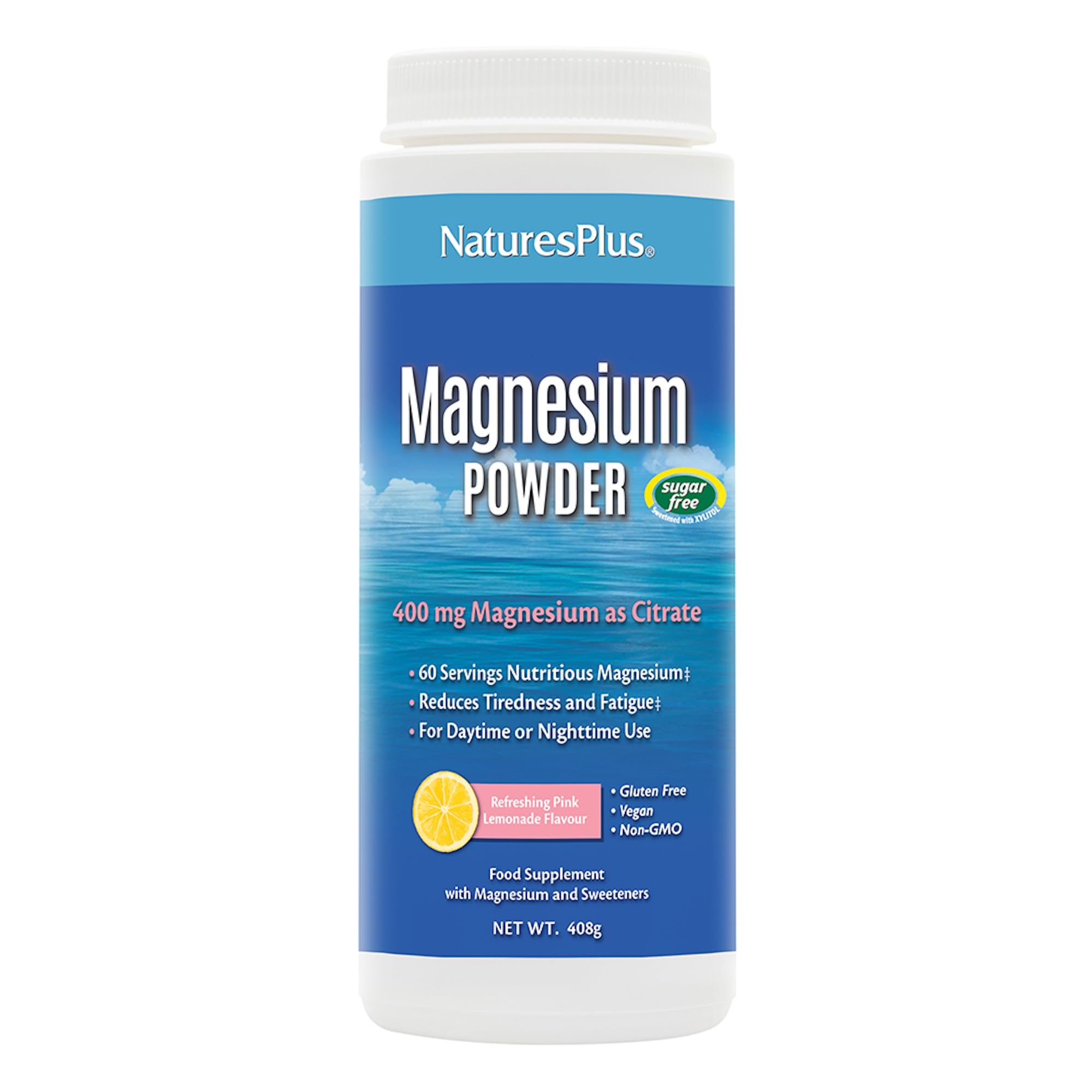 NaturesPlus Magnesium Powder Pink Lemonade Flavour - 400mg Highly Bioavailable Magnesium - Energy and Relaxation for Mind and Body - Vegan, Gluten Free, Sugar Free - 60 Servings