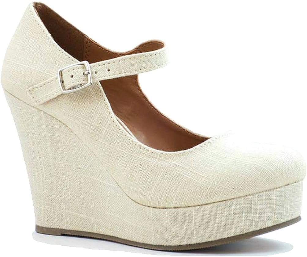 Amazon.com | Soda Beige Linen Mary Jane Pumps Wedge Heels Women's shoes Romie sz.11 | Pumps