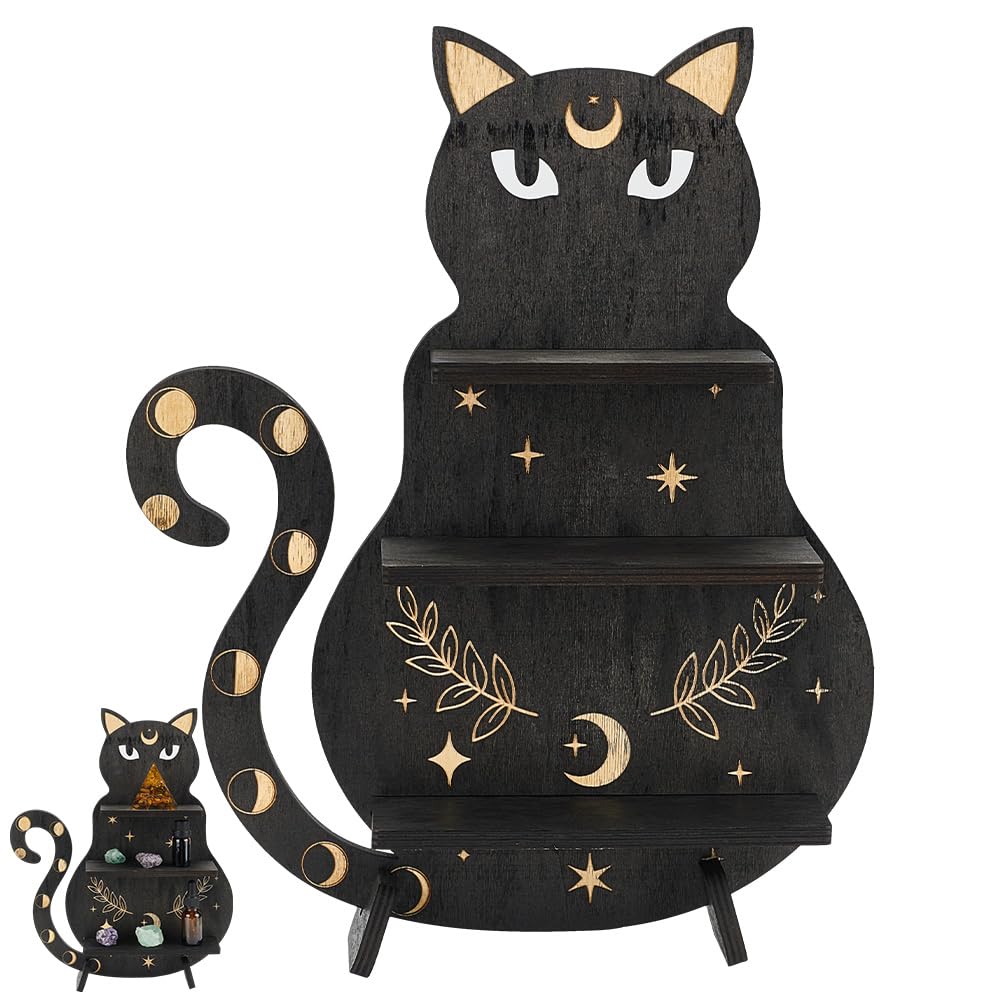 INFUNLY Black Cat Wooden Crystal Display Shelf - Wall Mounted Cat Shelf for Halloween Home Bedroom Living Room Decor