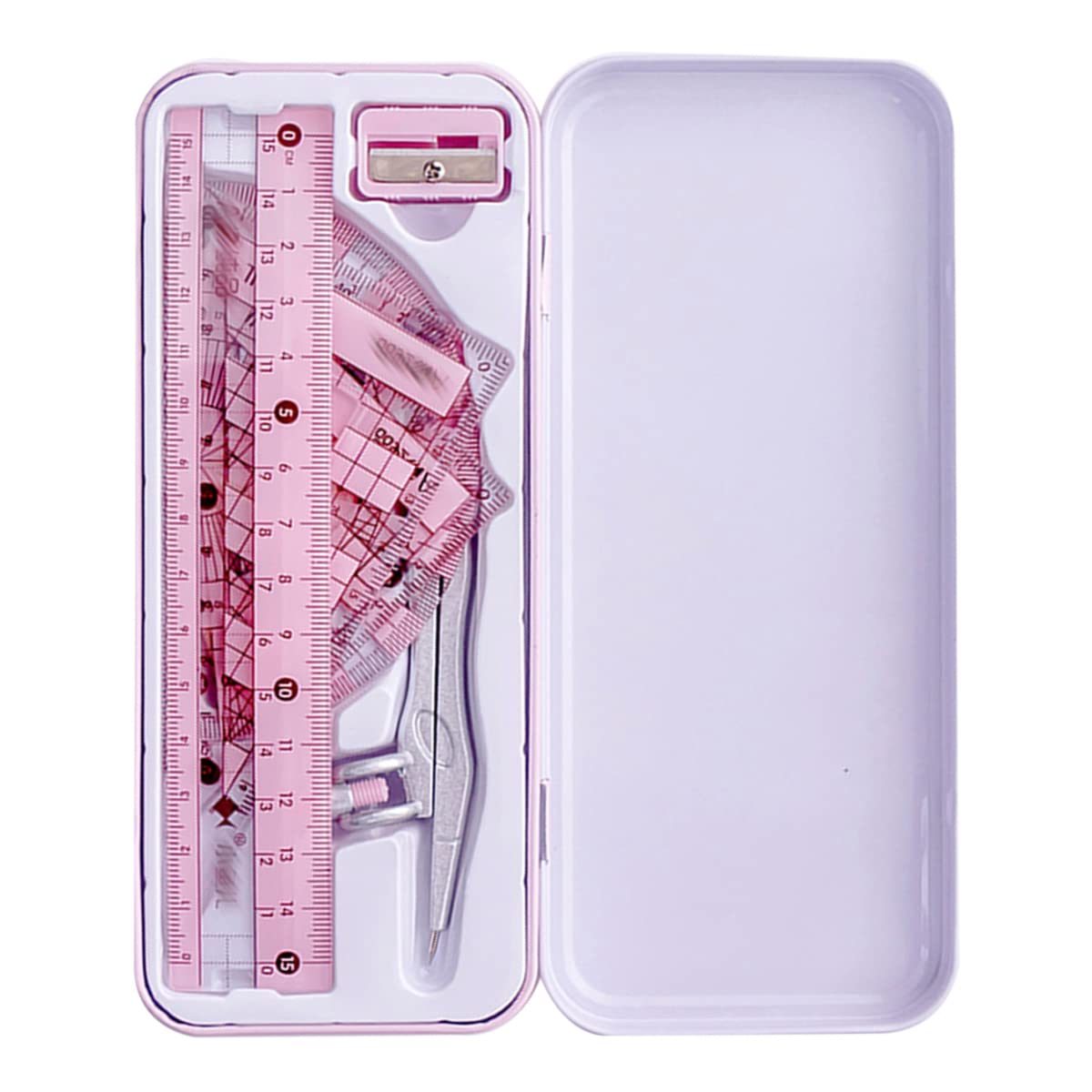 LA HUATE Compass Protractors Square Set Math Geometry Set Drawing Ruler Set Kids Stationery Gifts 8Pcs, Pink