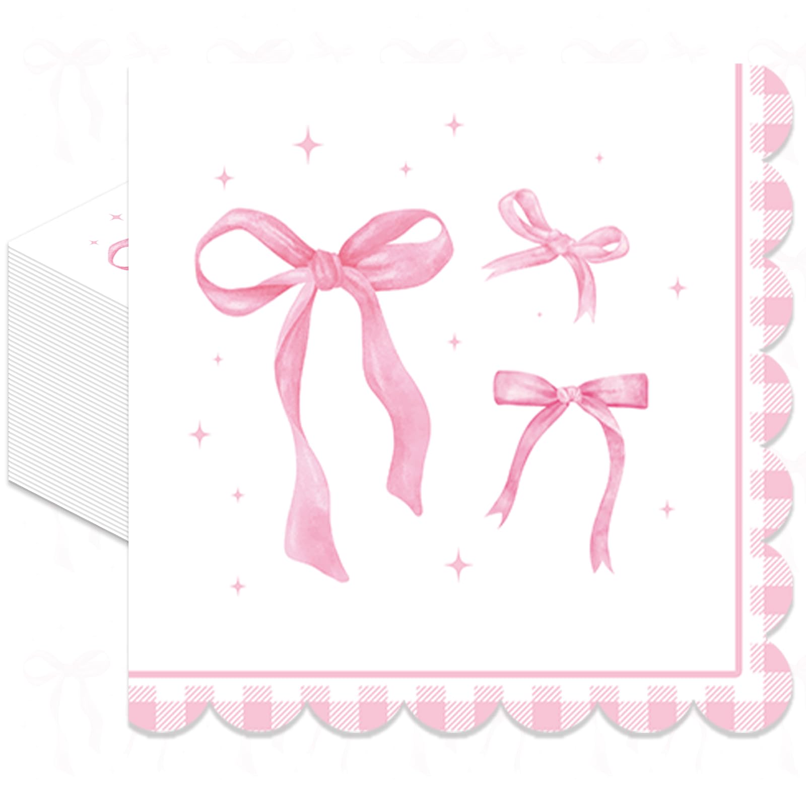 Photo 1 of Pack of 50, Pink Ribbon Bow Napkins, Watercolor Bow Design Disposable Paper Napkins for Wedding, Birthday, Bachelorette, Baby Shower, Tea Party, Girls Coquette-Style Supplies, 13x13 Inches Unfolded