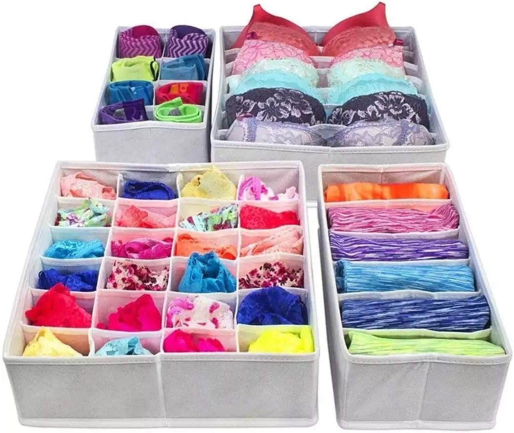 Deejay Foldable Storage Box (Grey Colour) Closet Organizer Drawer Dividers with Durable and Breathable Fabric for Socks, Bra Set of 4
