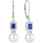 Inpasne Pearl Drop Earrings Dangling 925 Sterling Silver Emerald Cut Leverback Earrings Birthstone Jewelry for Women
