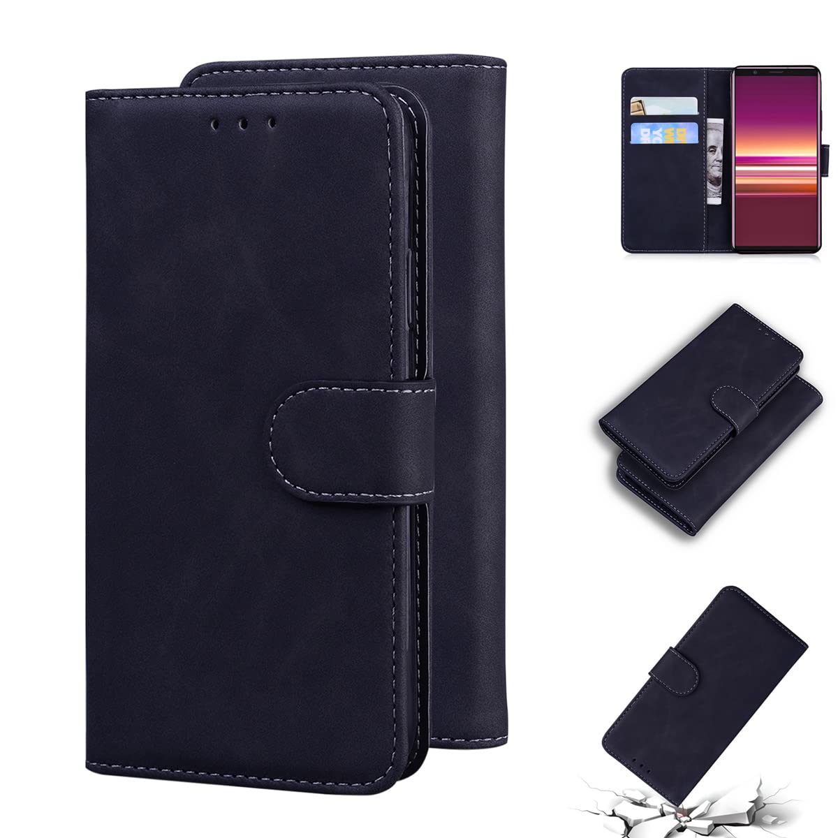 LMFULM® Case for Sony Xperia 5 J8210 J8270 J9210 (6.1 Inch) PU Leather Cover Magnetic Holster Wallet Shell Phone Protective Case Stent Function Flip Case Black