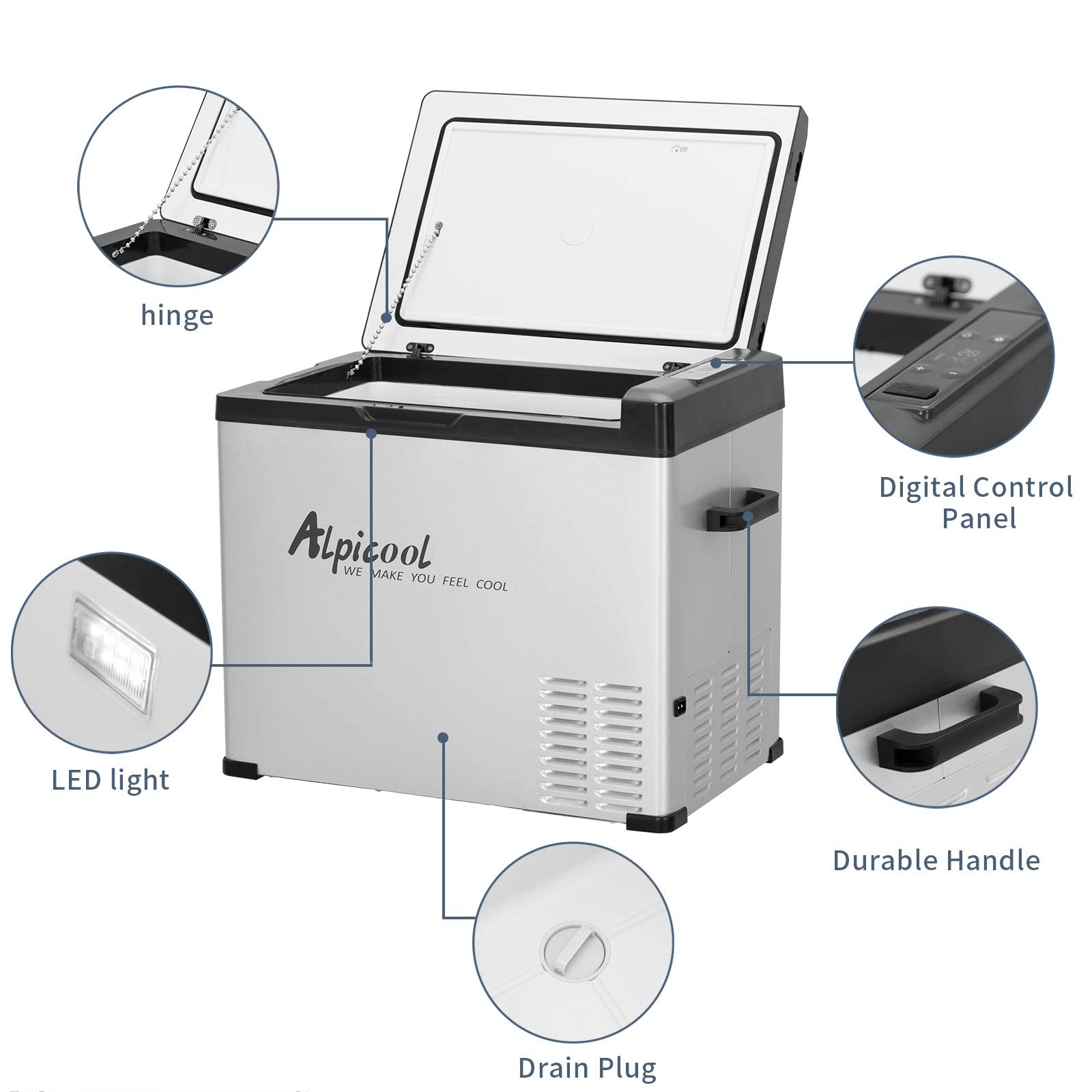 Alpicool C50 Portable Refrigerator 47 Quart(44.4Liter) 12 Volt Car Freezer for Vehicle, Truck, RV, Boat, Mini Fridge Freezer for Travel, Outdoor, Home -12/24V DC and 110-240V AC (Black and Silver)