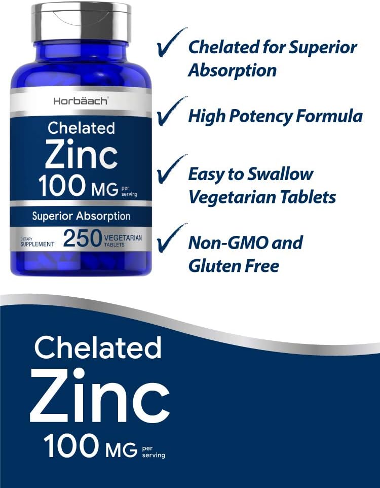Chelated Zinc Supplement 100mg | 250 Tablets | High Potency & Superior Absorption | Vegetarian, Non-GMO, Gluten Free | by Horbaach: Health & Personal Care