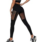 OYOANGLE Women's Sexy Mesh Hollow-Out Breathable High Waist Leggings Yoga Pants Tummy Control Stretch Yoga Leggings
