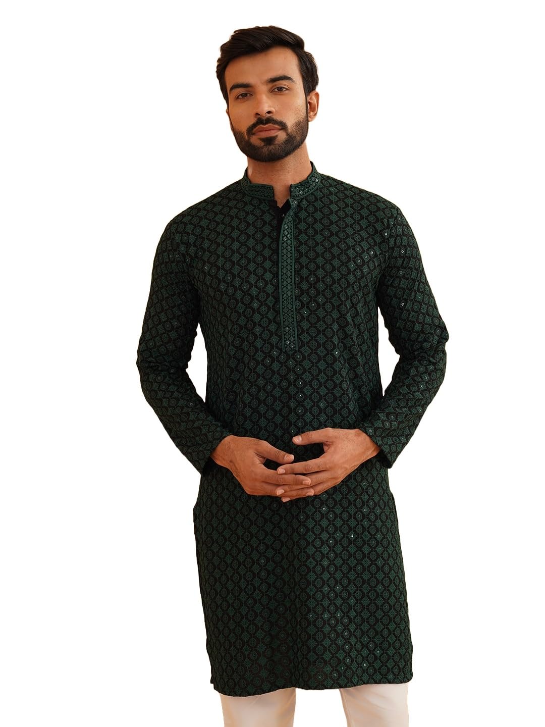 Photo 1 of (SIZE UNKNOWN) Sojanya (Since 1958 Men'S Cotton Contrast Embroidered Sequinned Green Long Kurta