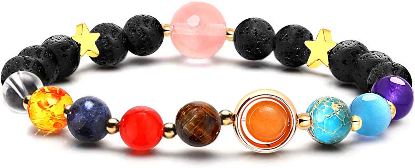 Solar System Bracelet Universe Galaxy Nine Planets Natural Lava Rock Beads Essential Oil Diffuser Bracelet, Anxiety Relief Gemstones Handmade Chakra Bracelets Astronomy gift (Sun & Star Braided Beads)