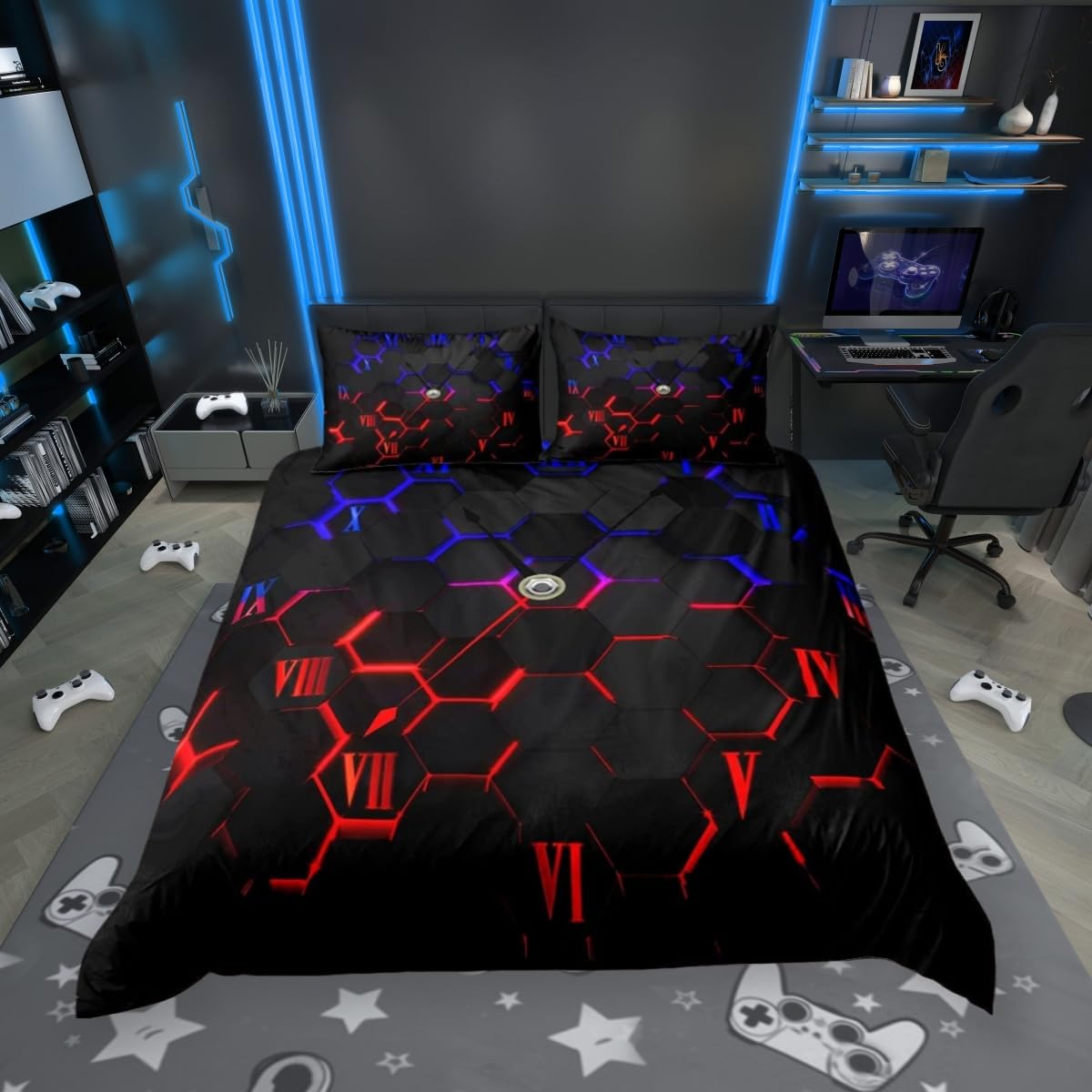 feelingyou Honeycomb Bedding Set King Size,Red and Blue Hexagon Geometric Duvet Cover Set for Children Present, Abstract Clock Comforter Cover with 2 Pillowcases Polyester Bedspread