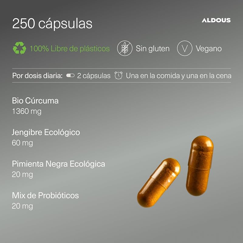 Curcuma con Jengibre y Pimienta Negra PROBIÓTICOS - 250 cápsulas - 1460mg