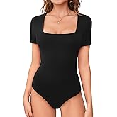 LAOLASI Women's Square Neck Bodysuit Short Sleeves Slim Fit Basic Stretchy Body suit Double Lined Shirt Tops