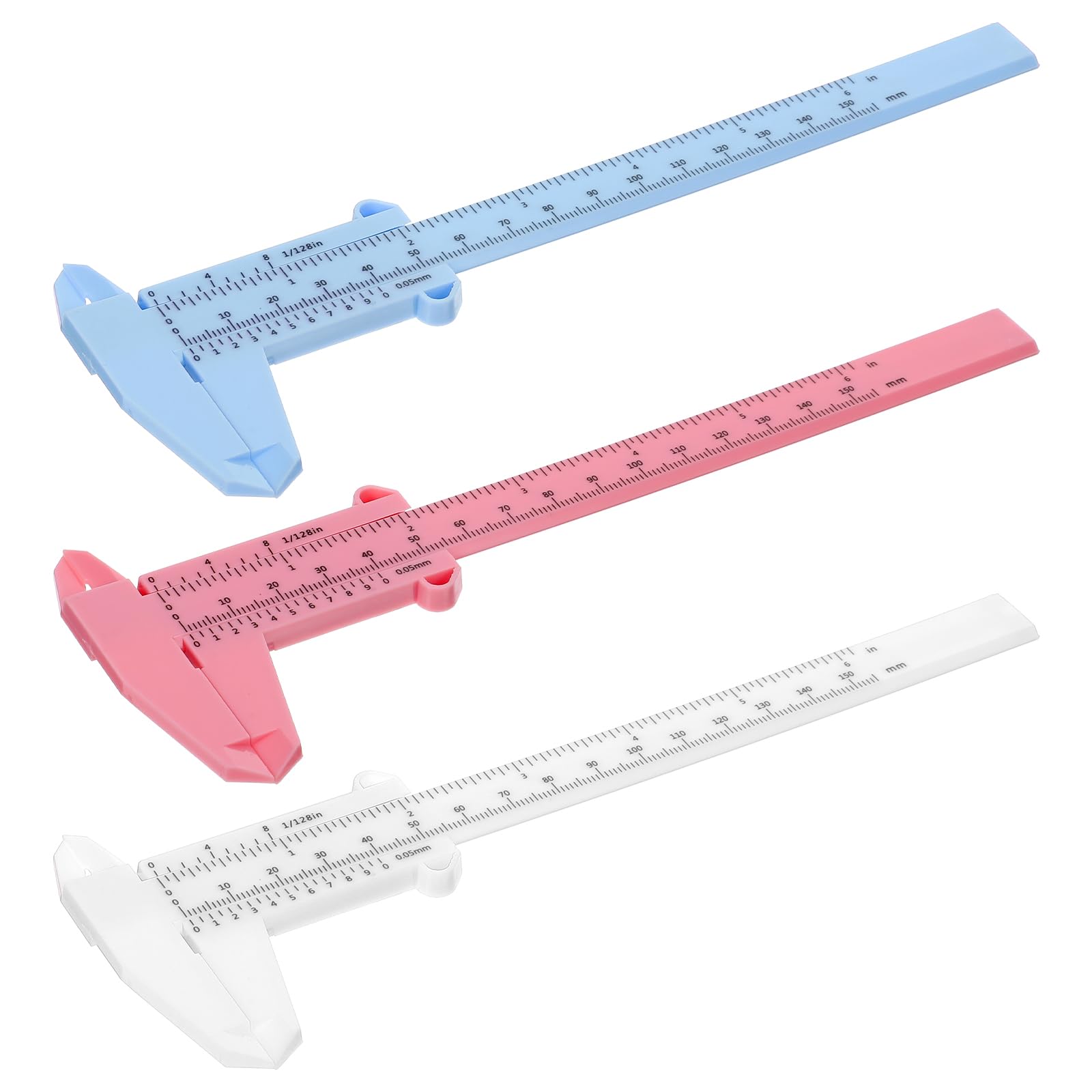 Photo 1 of 3 Pcs Plastic Vernier Caliper 6 Inch/150mm Dual Scale Measuring Tool Inch & Metric for Office House Workspace White Blue Pink