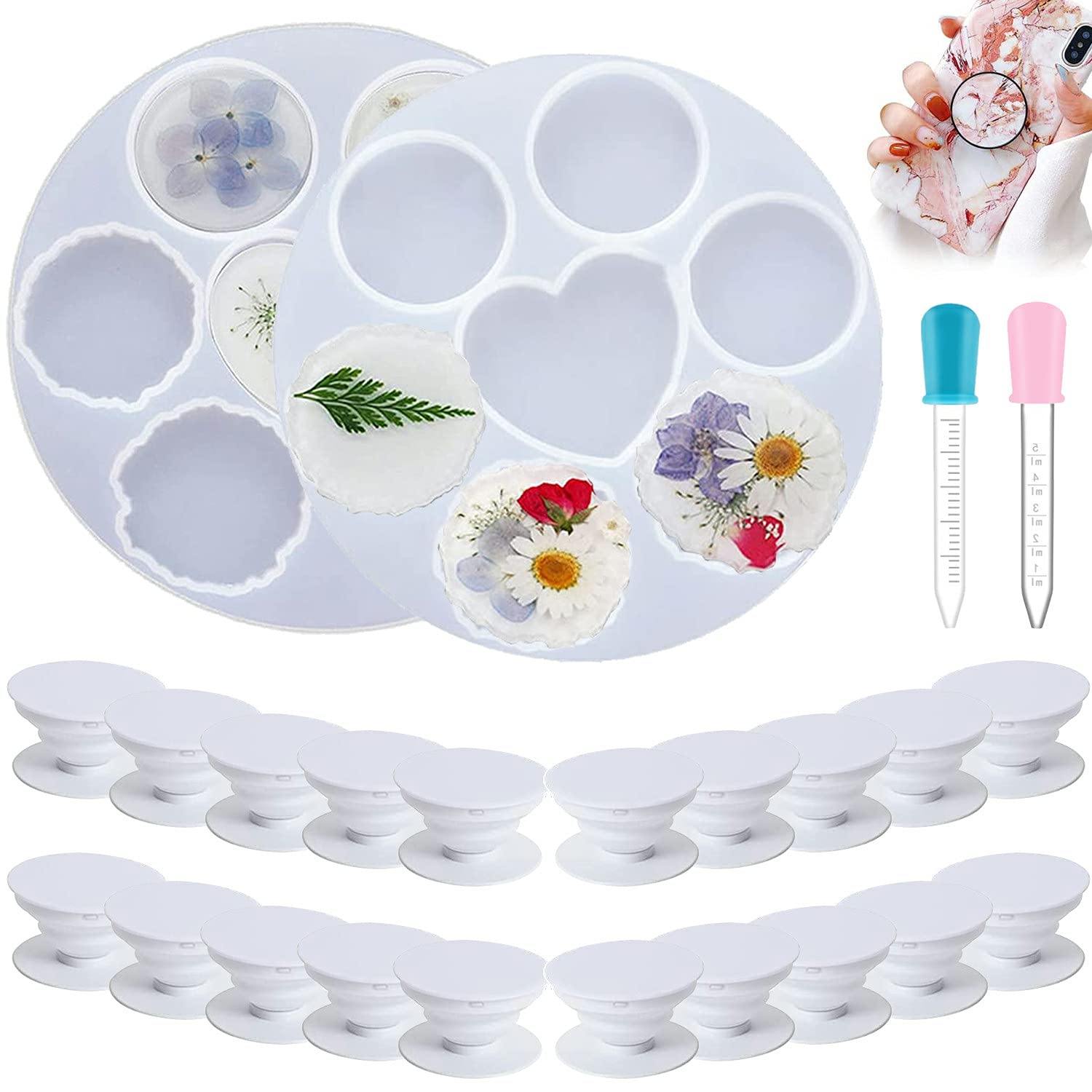 Pack of 2 Phone Grip Resin Mould On Top Kits, 7 Cavity Silicone Irregular Round On Top Phone Socket Moulds with 20 Phone Sockets, 2 Droppers for DIY Crafts Phone Stand Jewellery Making (White)