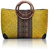 QTKJ Women Summer Retro Straw Bag with Printing Hand-woven Beach Handbag Top Round Handle Boho Tote Bag Shopping and Travel Large Bag (Yellow)
