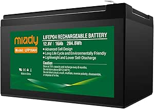 12V 16Ah Deep Cycle LiFePO4 Battery, 2000 Cycles Miady LFP16AH Rechargeable Battery, Maintenance-Free Battery for Golf Cart, Boat, Solar System, UPS and More &hellip;