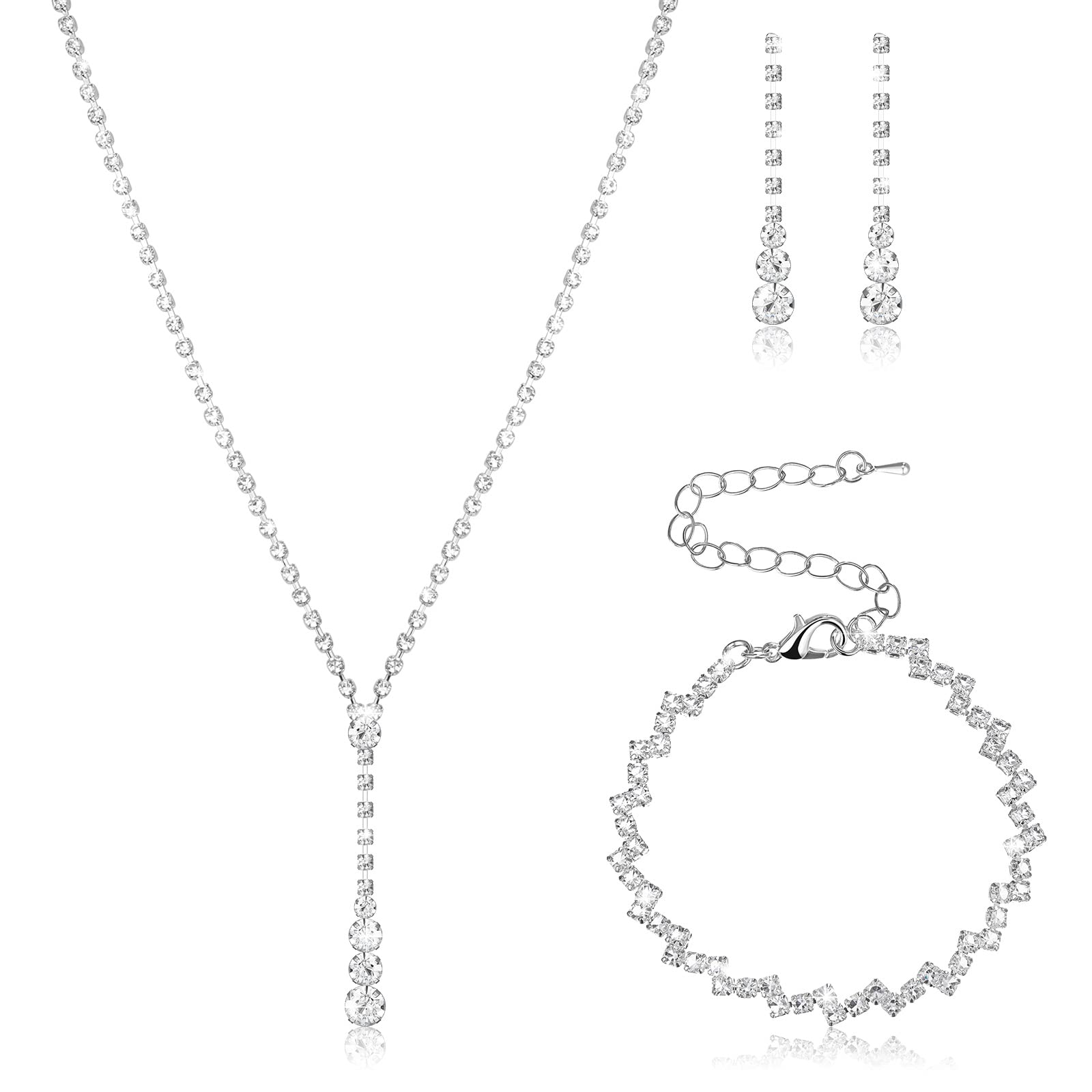 Bridal Jewellery Sets for Women Silver Necklace and Earring Sets Rhinestone Necklace Bracelet Dangle Earrings for Bridal Wedding Jewelry Prom Costume Accessories for Christmas Women Girl Gift