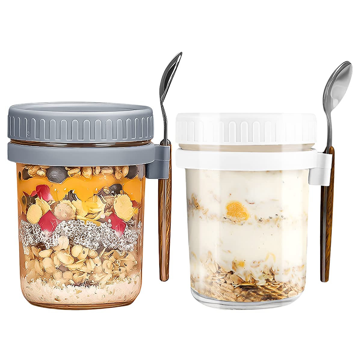 Overnight Oats Jars, Overnight Oats Container with Lid and Spoon, 10 oz Glass Mason Overnight Oats Jars with Measurement Marks, Large Capacity Airtight Jars for Milk, Cereal, Fruit (White And Grey)