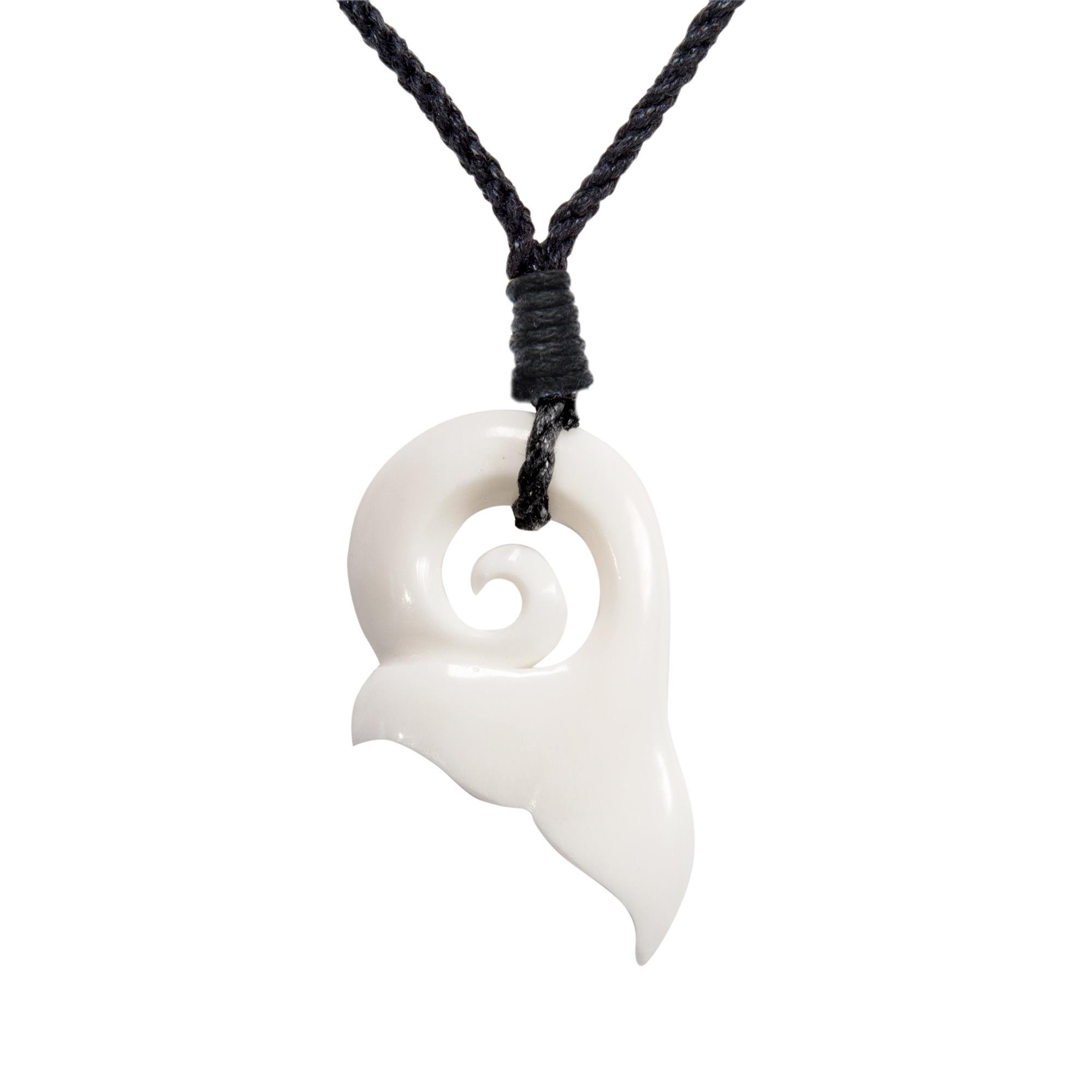 81stgeneration Koru Whale Tail Carved Bone Pendant Hawaii Necklace - Maori Style Jewellery - Handmade Bone Carving - Adjustable Cord Big Tribal Necklace - Surfer Accessories