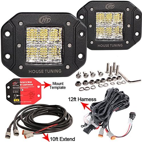 House Tuning Flush Mount LED Lights for Off Road Trucks 2 Pack - 12V Flood Auxiliary Driving Lamp with 20ft Wiring Harness for Jeep, Chevrolet, Ford, SUV, and ATV (2pcs-30W Flush Mount-Flood-20ft)