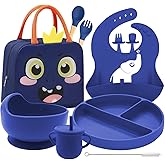 Brancivox Baby Weaning Set with Adjustable bib | baby feeding set with Sippy Cup, Suction Plate, Bowl & Self-Feeding Cutlery | Silicone Feeding essentials Dishwasher & Microwave Safe (Blue)