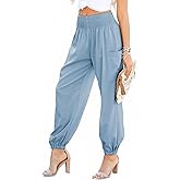 Dokotoo Womens Summer Boho Business Casual Smocked 2026 High Waisted Cargo Summer Long Elephant Pants with Pockets