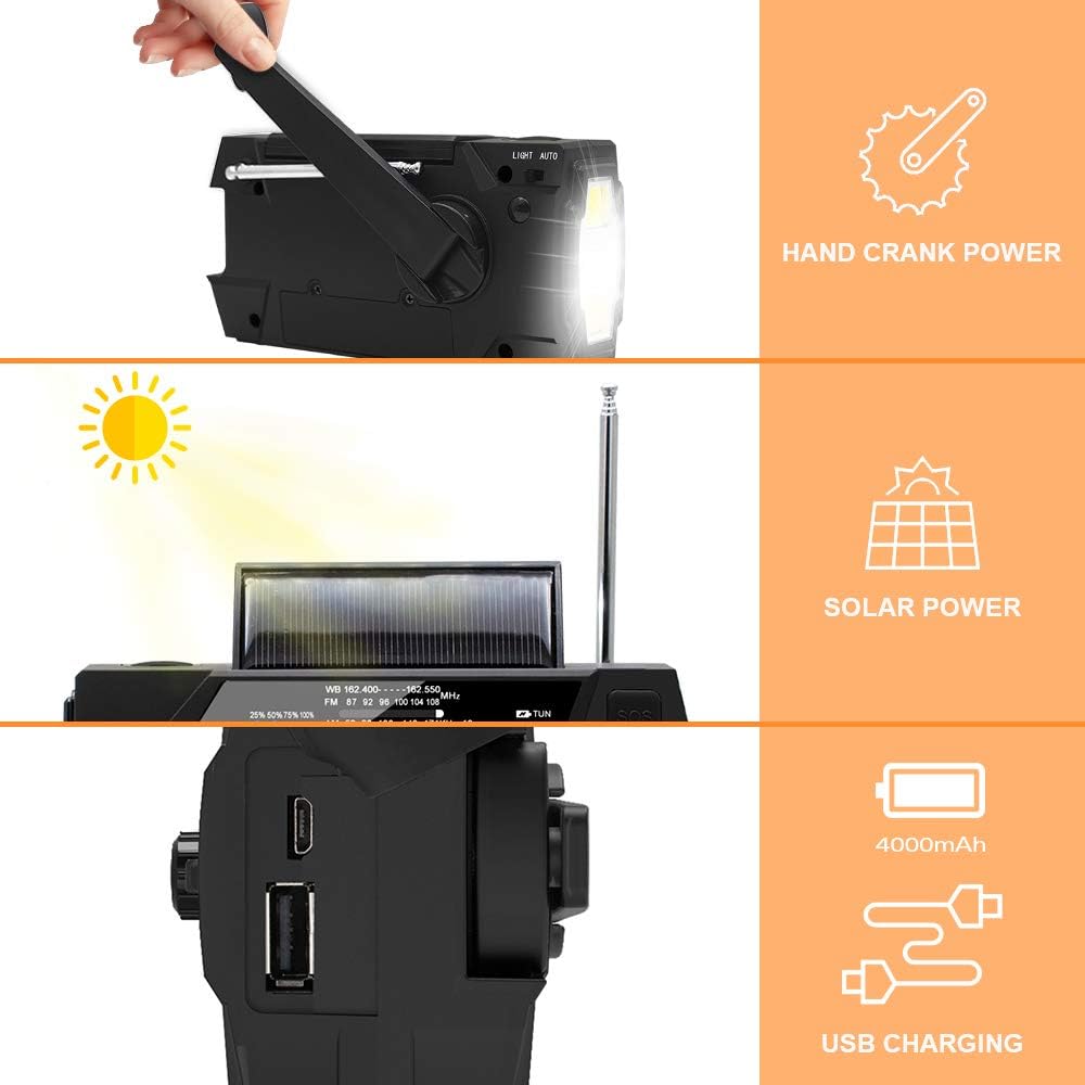 SJJ Emergency Hand Crank Radio, Weather Radio (AM/FM / 7 NOAA) with 3 LED Flashlight, SOS Alarm,Cell Phone Charger. (2020 Upgraded Version): Home Audio & Theater