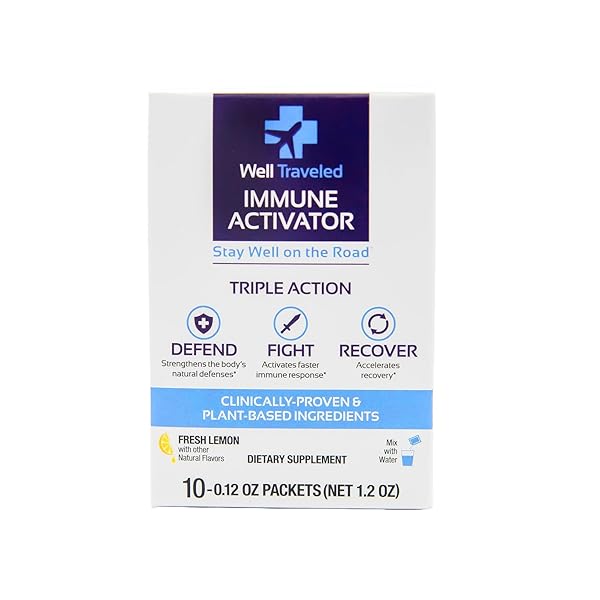 WELL TRAVELED IMMUNE ACTIVATOR, NATURAL DRINK MIX FOR IMMUNE SUPPORT & GUT HEALTH, PREBIOTICS, POSTBIOTICS, VITAMIN C, VITAMIN D, ZINC, NO ADDED SUGAR, SCIENCE BACKED, LEMON FLAVOR, 10 COUNT