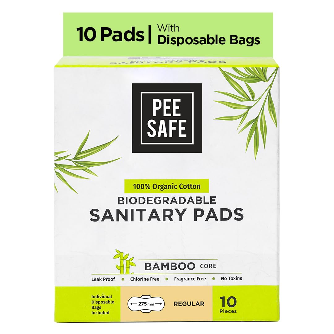 Pee Safe Biodegradable Sanitary Pads - Regular (Pack of 10) | 100% Organic Cotton & Bamboo Pulp