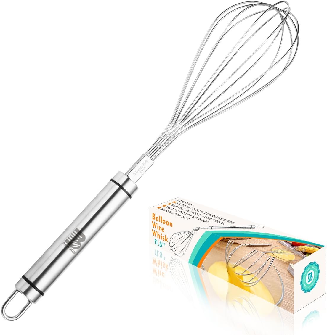 Baiyihui 12.4'' Balloon Whisk, Professional SUS304 (18/8) Stainless Steel Manual Balloon Wire Whisk for Mixing/Blending/Beating/Stirring