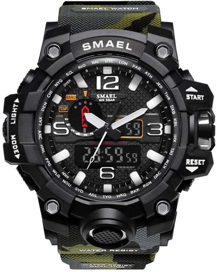 Men's Sports Analog Quartz Watch Dual Display Waterproof Digital Watches with LED Backlight Camouflage Military Style (A Camouflage Army Green)