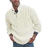 Bbalizko Mens Stand Collar Pullover Sweater Cable Knitted Chunky Winter Fashion Buttons Twisted Thermal Sweaters