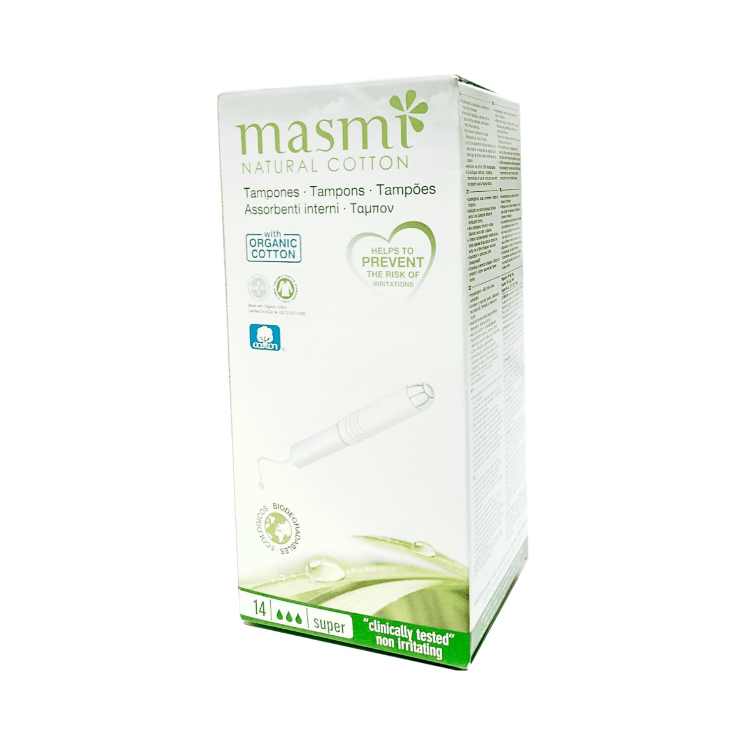 MASMI Natural Cotton Bio Tampons Super + Applicator (Pack of 14)