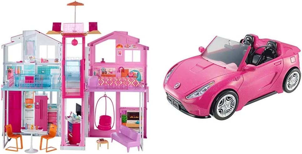 Barbie DLY32 ESTATE Three-Story Town House Colourful and Bright Doll House Comes with Furniture and Accessories, Playset & DVX59 Autre Glam Convertible Sports, Toy Vehicle for Doll, Pink Car