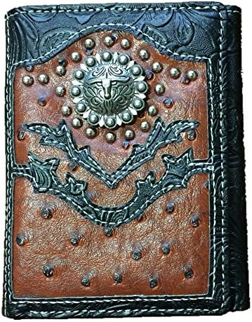Ostrich Concho Longhorn Emblem Trifold Short Wallet in 3 Colors (Brown)