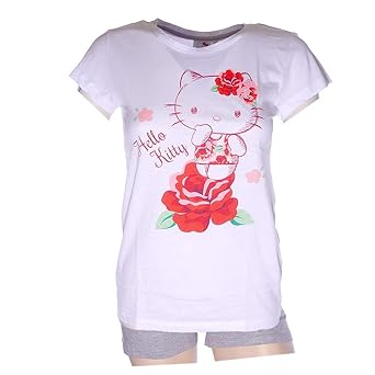 Schlafanzug Damen Pyjama kurz Hello Kitty Mouse Shorty Set - Weiß/Grau