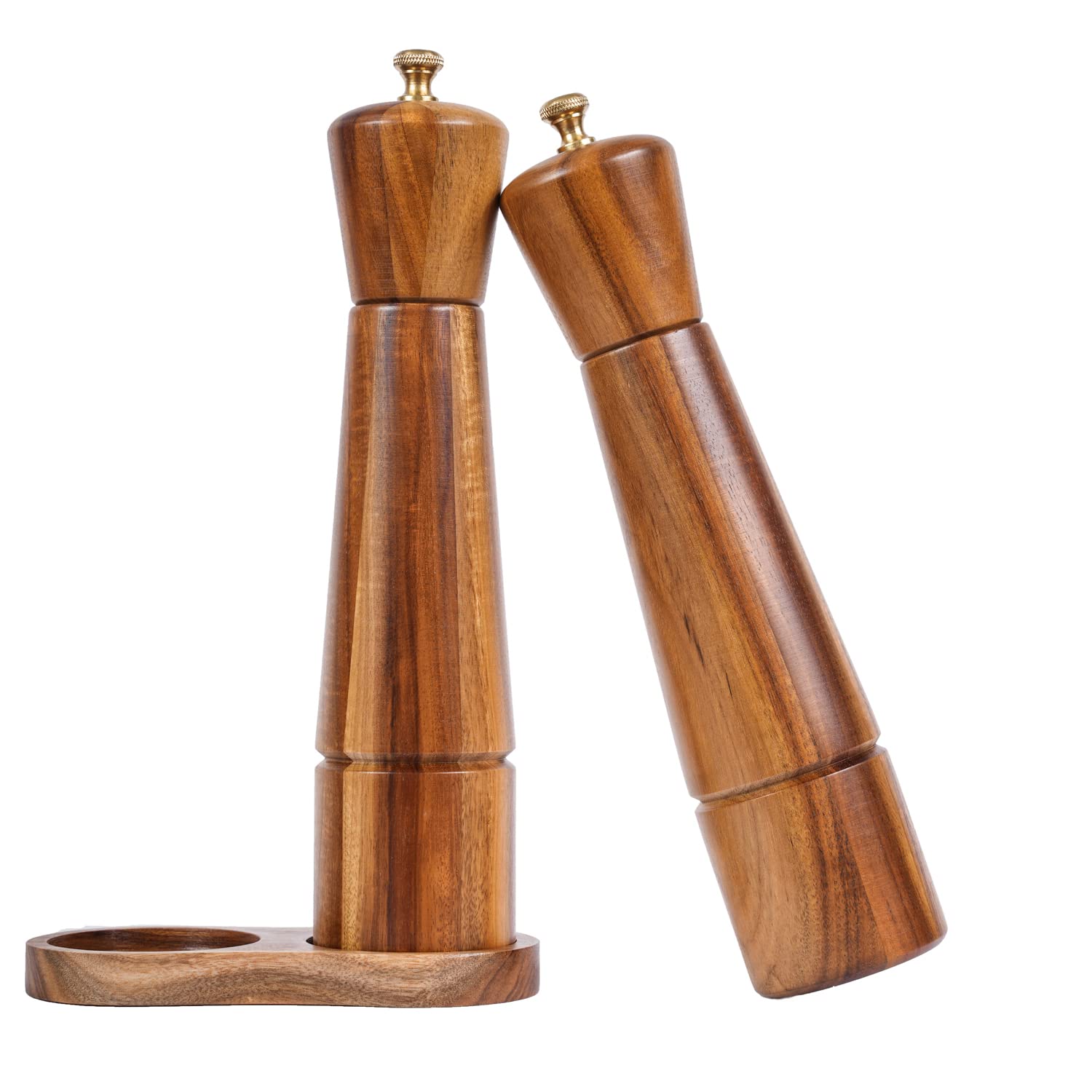 DeroTeno Salt and Pepper Mill Set with Tray, Adjustable Ceramic Grinder Salt Mill, Stainless Steel Grinder Pepper Mill, Acacia Wood, 27 cm Height, Bottom Dia 6 cm (Tray is Included)