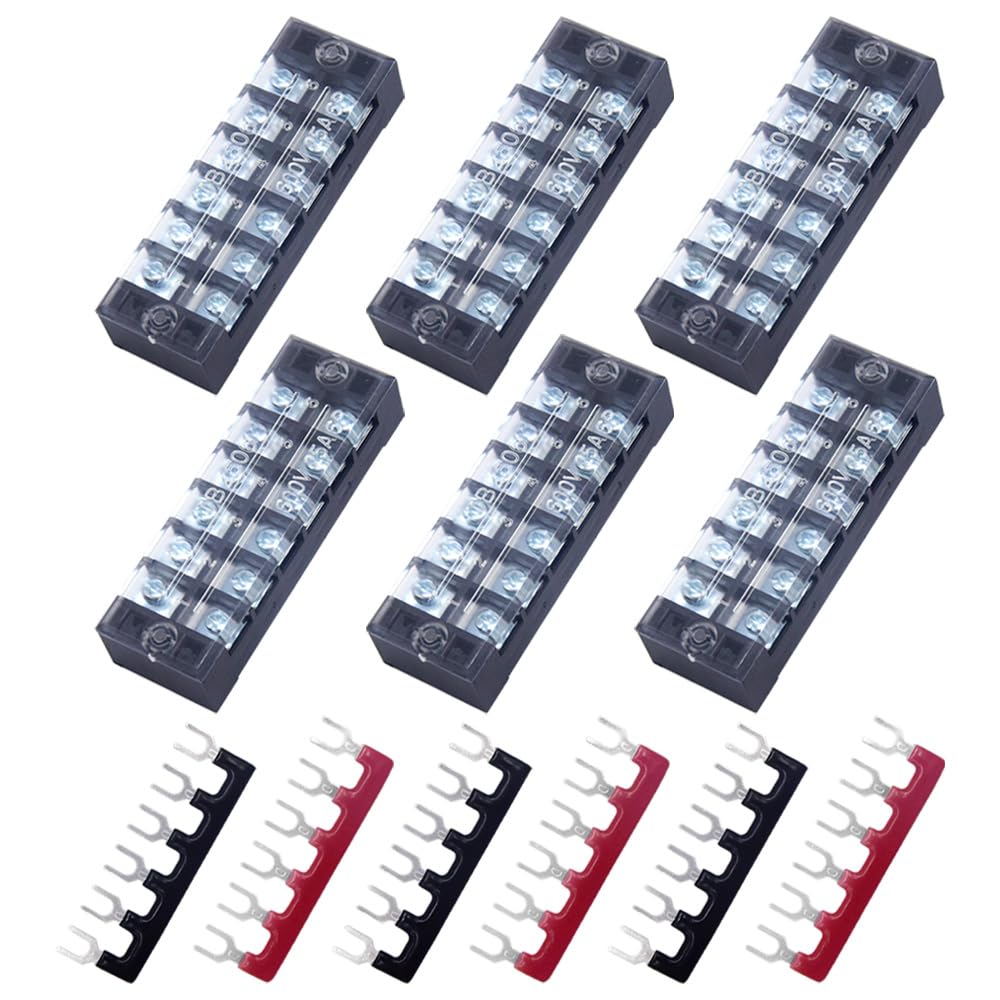 CEEYSEE 12pcs(6 Sets) 6 Positions Dual Rows Covered Screw Terminal Block 600V 25A + 6Pcs 6 Positions Pre-Insulated Black/Red Fork Terminal Barrier Strip 400V 25A (TB2506)