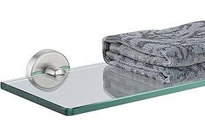 JQK Bathroom Glass Shelf, Tempered Glass Shower Storage 20 by 5 inches, 304 Stainless Steel Brushed Finish Wall Mount, TGS101