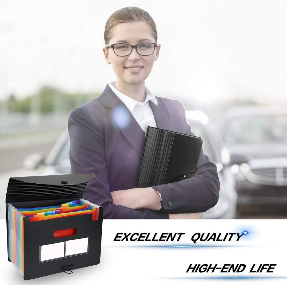 Expanding File Folder Accordian File Organizer with Cover/Portable A4 Letter Size Filing Box, Accordion Bill Paper Document Receipt Organizer High Capacity Plastic Bag with Colored Tab (12 Pockets) : Office Products