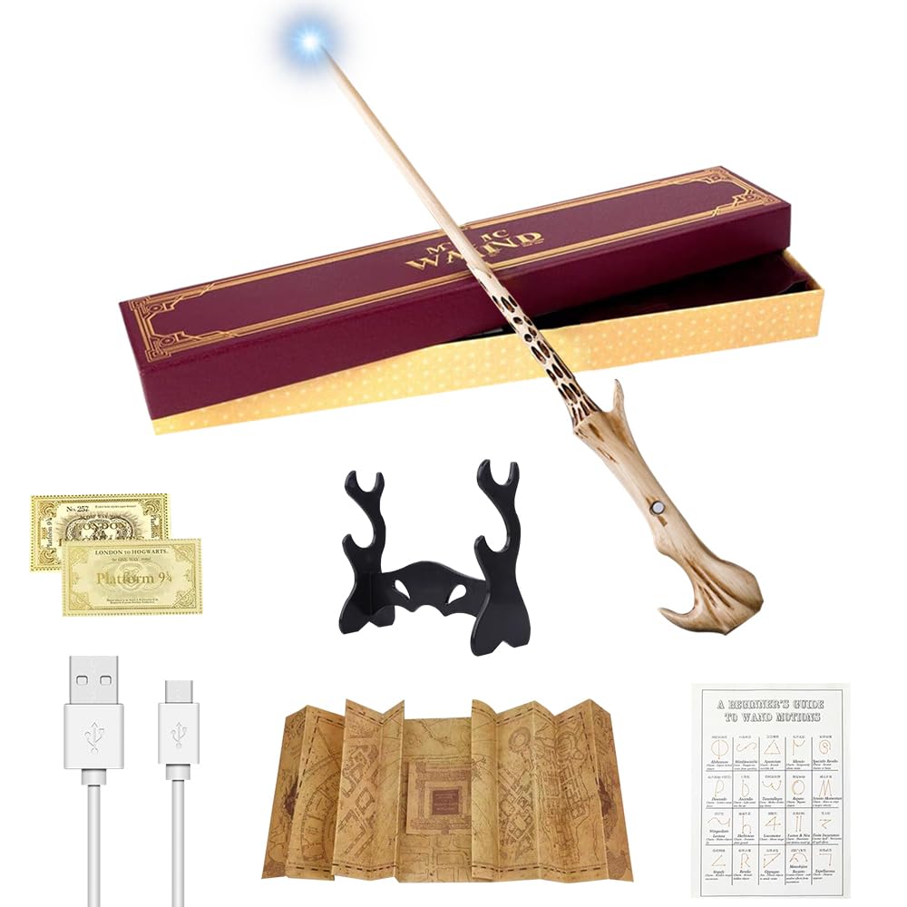 CJBIN Voldemort Wand Glow, 38CM Lord Wand Voldemort Light Up, USB Charging Voldemort Wands, Magic Voldemort Wands in Gift Box with Card, Station Ticket, Map, and Holder
