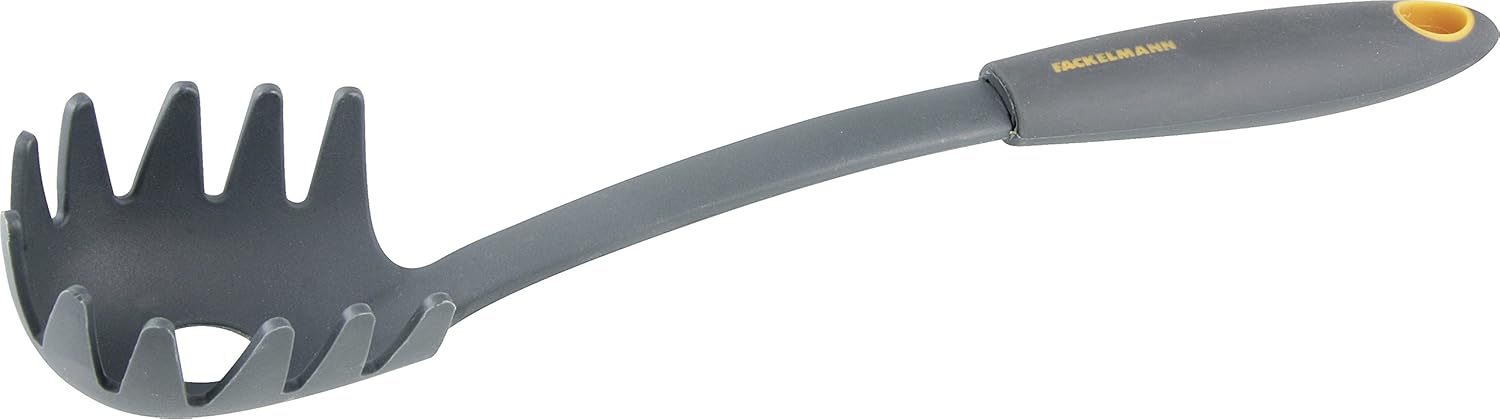 Fackelmann Spaghettilöffel 32 cm SOFT, Küchenhelfer mit Funktionsteil aus Kunststoff, Nudellöffel für beschichtete Töpfe und Pfannen (Farbe: Orange/Grau), Menge: 1 Stück