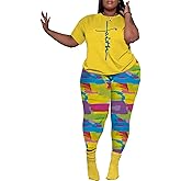 PINSV Women's Plus Size 2 Piece Outfits Tracksuits Short Sleeve Top Pants Sets Sweatsuits