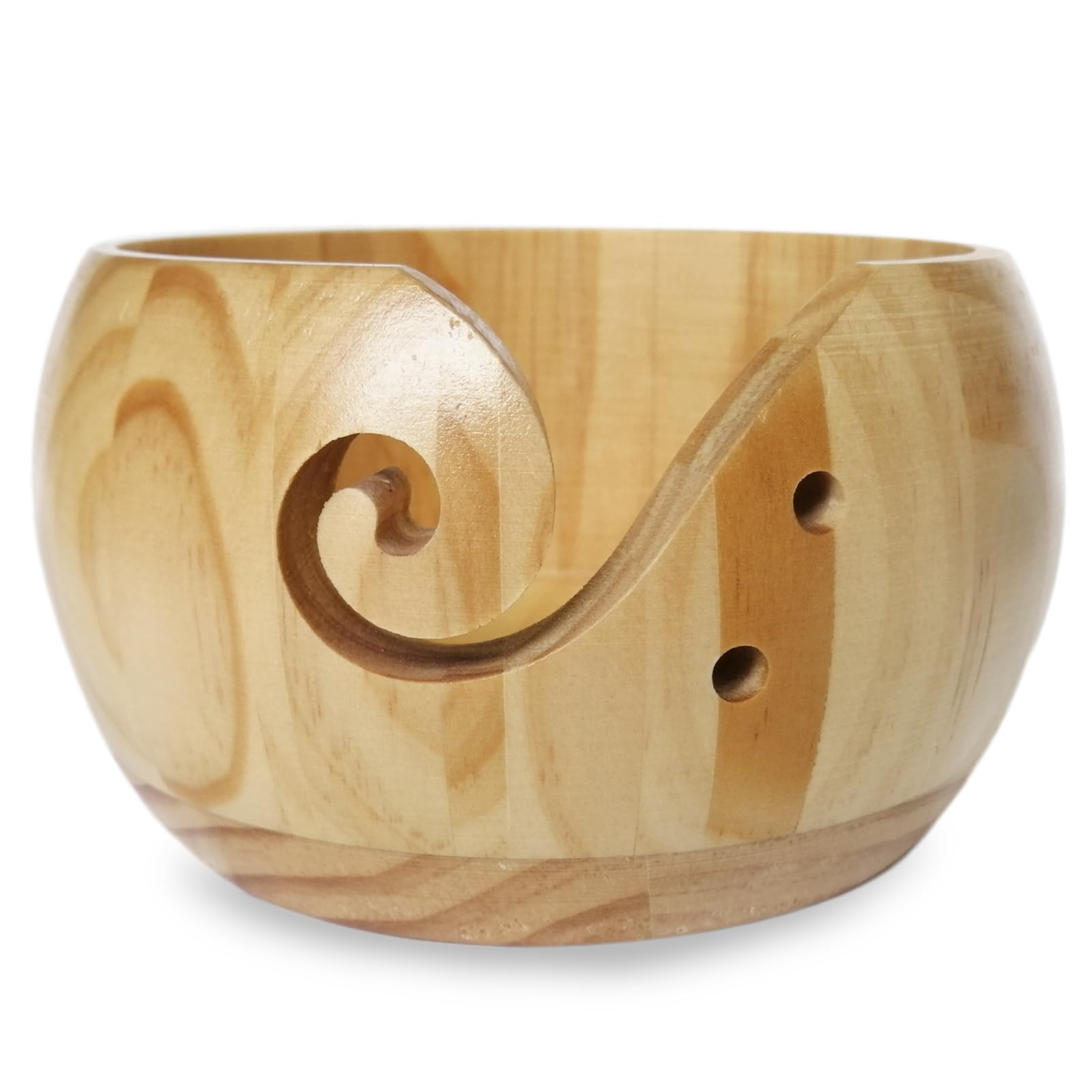 WishesMar Handmade Wooden Yarn Bowl 5.9 Inches Diameter - Natural Wood Crafted Yarn Weaving Thread Bowl with Spiral Carved Drill Hole for Crochet Knitting Home Decor Professional Wool Bowl #C