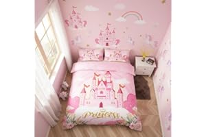 Manfei Princess Full Bedding Sets for Girls,Pink Castle Dreamy Comforter Cover Kids Bedroom Decor,Flowers Garden Princess Bed