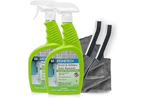 LATICRETE StoneTech Mold and Mildew Stain Remover Cleaning Kit | Kitchen, Patio, Shower, and Bathroom Cleaner for Natural Stone, Tile, and Grout, 2-Pack 24-Ounce Spray with Microfibers and Crevice Brushes