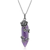 PESOENTH Amethyst Healing Crystal Purple Stone Pendant Necklace for Women,Rose Flower Wrapped Amethyst Hexagonal Gemstone Crystal Pointed Necklace Jewelry Gifts for Women
