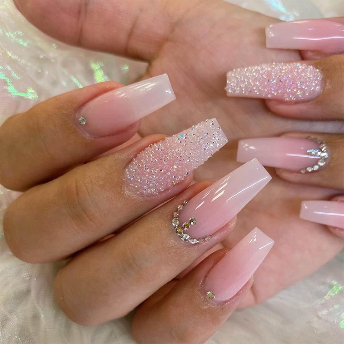 Danshinbow 24pcs Long Coffin Ballerina Fake Nails Rhinestone Gradient Nude Glitter False Nails Press on Nails for Women and Girls
